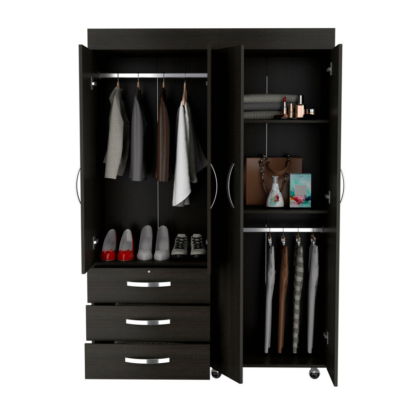 Armoire mobile, avec tiges de suspension, armoire à deux portes, trois tiroirs, deux tablettes