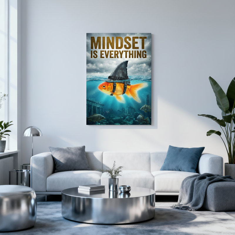 Poisson rouge avec aileron de requin, «Mindset Is Everything», reproduction d'art sur toile tendue sur toile, ensemble de 1