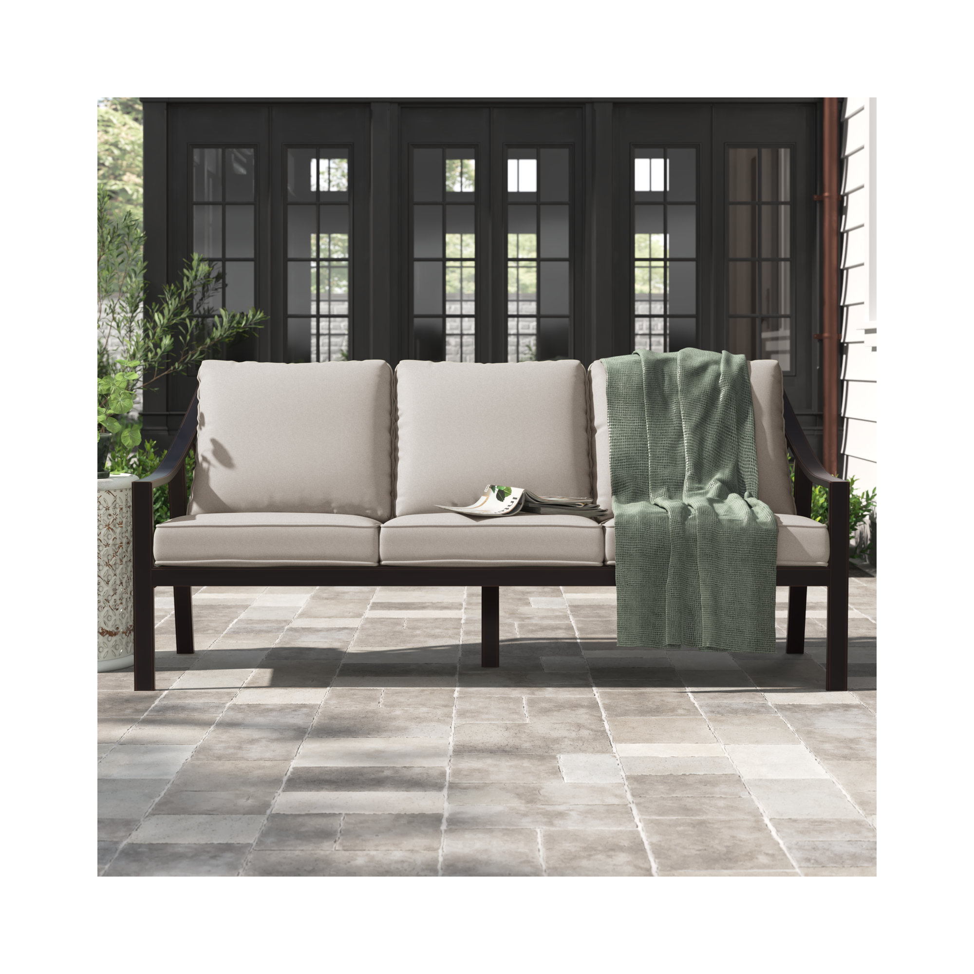 Mackinnon Outdoor Patio Sofa with Cushions, Taupe, Liberty Bronze