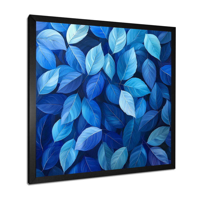 «Cobalt Leaves In Moon Light Collage II», art mural feuilles, Reproduction encadrée d'une seule photo, Noir, noir, noir, noir