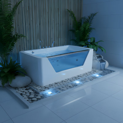 Baignoire tourbillon 67 "avec fenêtre panoramique en verre et robinet cascade | 7 jets d'hydromassage, chromothérapie à DEL, moteur de 1hp (750w) | Baignoire spa en acrylique de luxe avec oreiller et drain central (prise électrique 110 V)