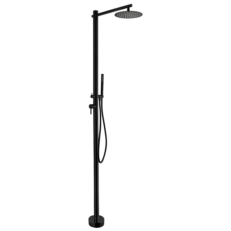 Douche d'extérieur autoportante 86,61 po H, acier inoxydable 316, nickel brossé et noir mat, double fonction chaude et froide avec tête de pluie et douchette