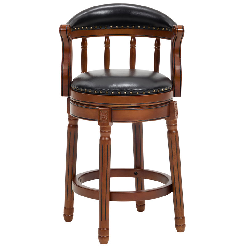 Genuine Top Grain Leather Swivel Bar Stool with Solid Rubberwood Frame, Mid-High Back Design, Black