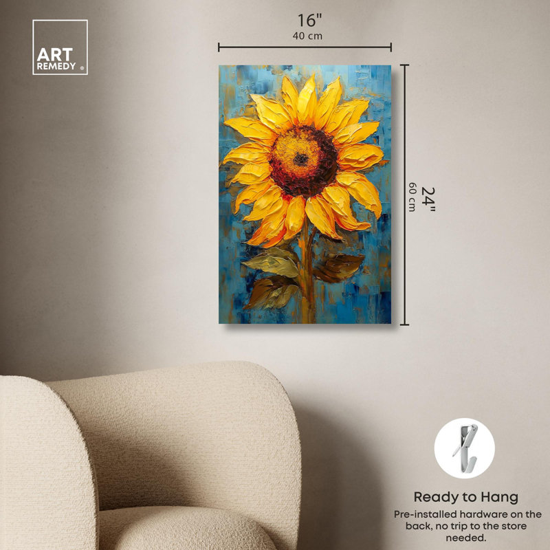 Impressionist Yellow Sunflower Canvas Art Print with Pine Frame