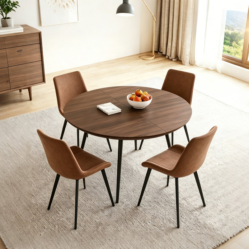 Kitchen Dining Set, 43'' to 59'' Extendable Dining Table With Upholstered Dining Chair(Table, 4Chairs), Brown, Brown