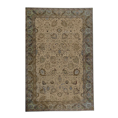 Tapis beige / brun en laine noué à la main de conception unique 12 pi 4 po x 18 pi 7 po