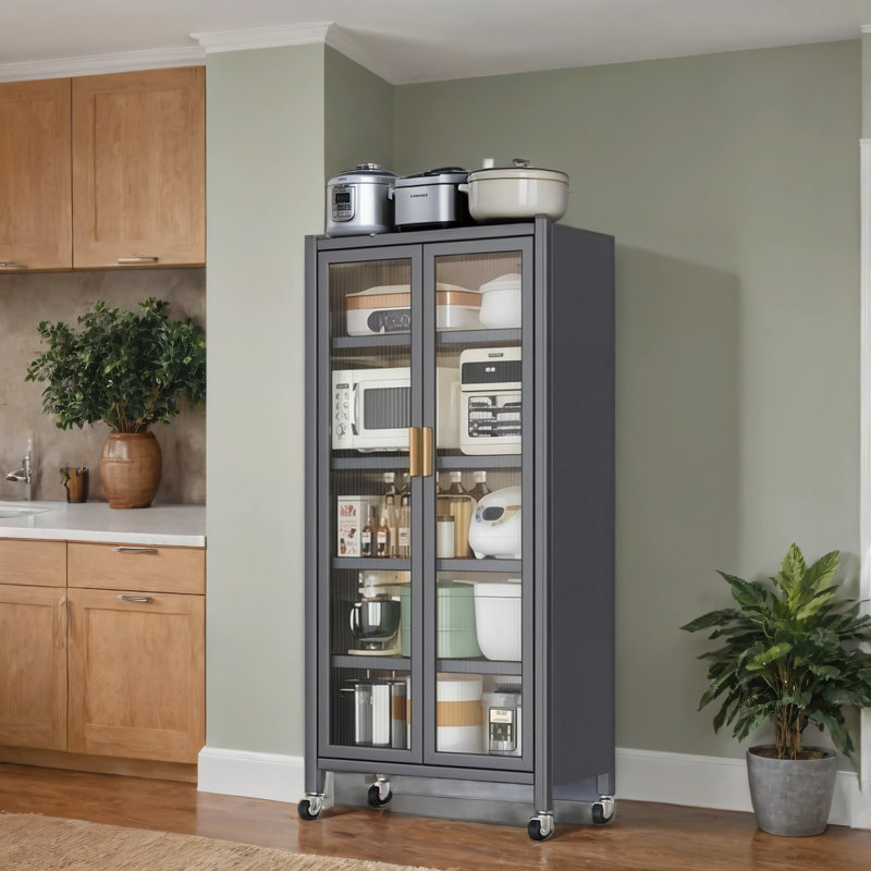 Armoire de cuisine en métal à 5 niveaux 64 po avec roulettes et portes à rabat transparent