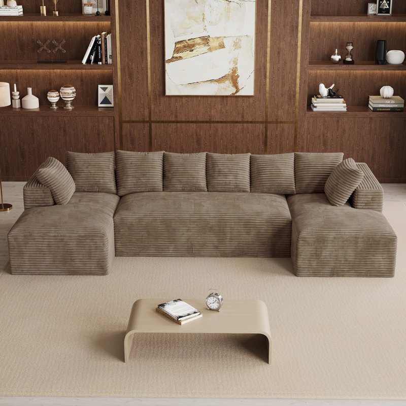 Canapé d'angle surdimensionné sans ossature et à compression de 131 pouces avec coussins, Velours côtelé brun, En form de U