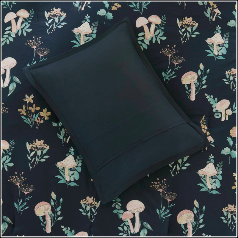 3 Piece Twin and Twin XL Mushroom Garden Comforter Set with Sham and Pillow, Navy Multi