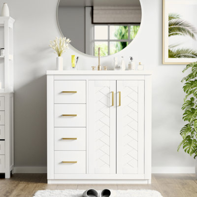 Hansdieter 30'' Bathroom Vanity With Ceramic Sink Combo,Solid Wood Frame Bathroom Storage Cabinet, Freestanding Vanity Set With 3 Drawers& Soft Closing Doors