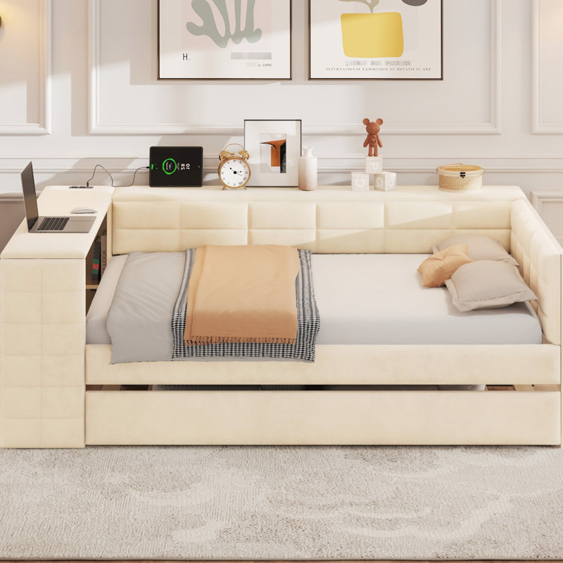 Lit double tapissier beige avec rangement intégré et charge, lit gigogne pour les invités occasionnels, plateforme de chargement, lit gigogne confortable