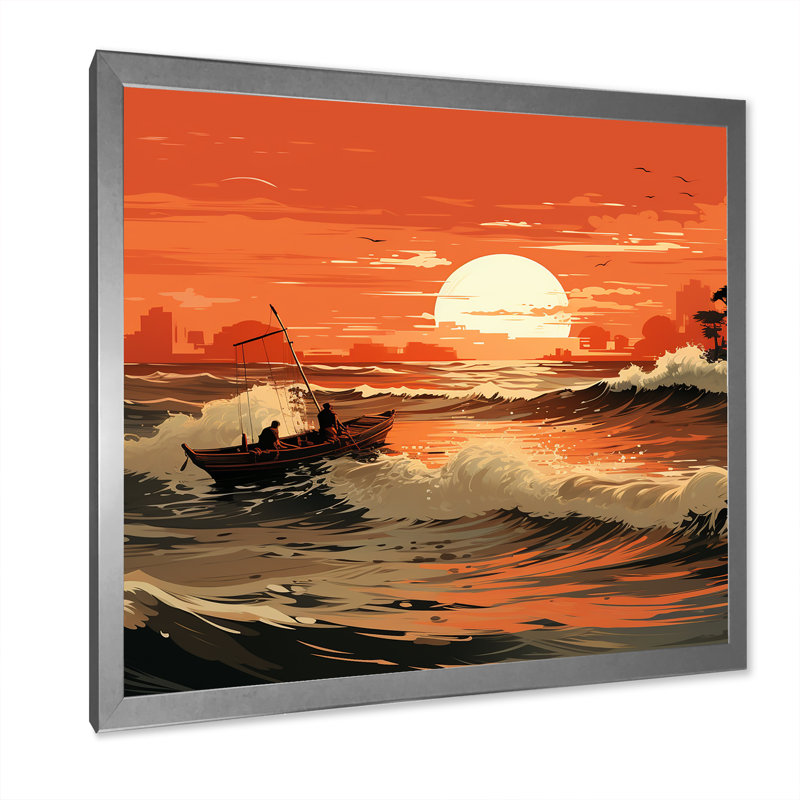 «Tangerine Skies Ocean Waves 2 - Coastal Sunset», art mural, Cadre simple argenté, H 36 po x l 36 po x P 1,5 po