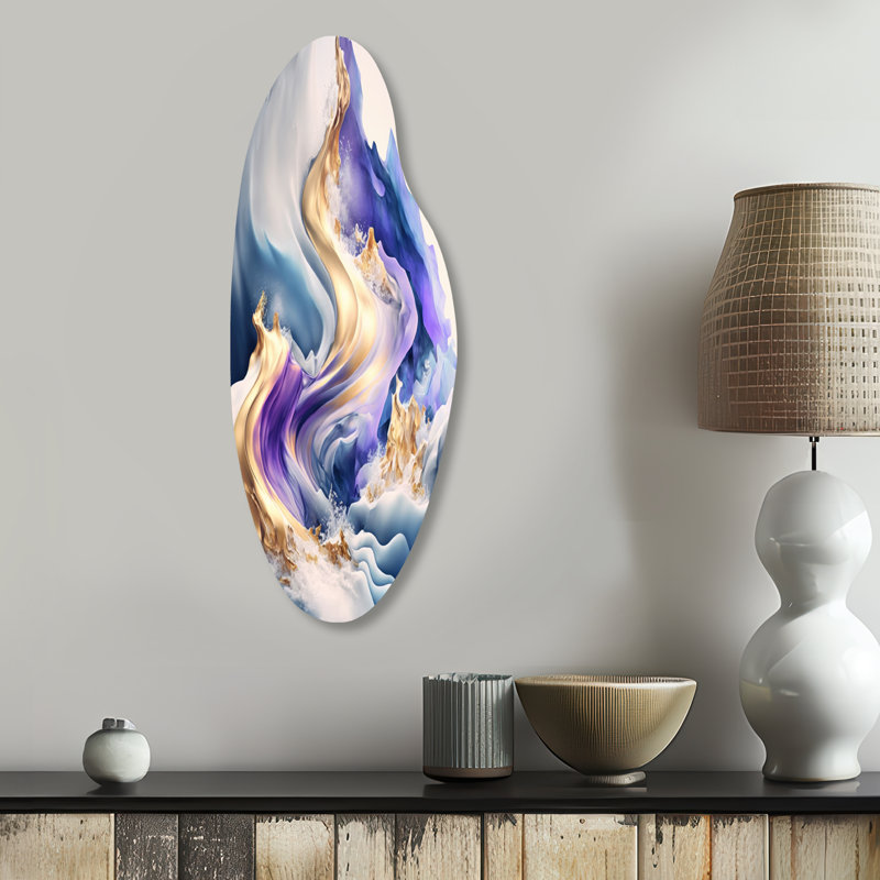 «Blue and Gold Splash Paint III - Abstract Spirals», art mural incurvé en métal pour le salon, impression asymétrique bleue sur métal