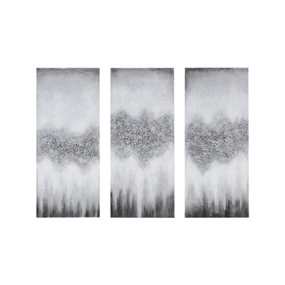 Luminaires suspendus lumineux, 3 embellissements lourds, abstrait gris et noir, pierres naturelles scintillantes, intérieur, l 15 po x H 35 po x P 1,5 po chacun, art abstrait contemporain sur toile d'intérieur, très embelli de noir