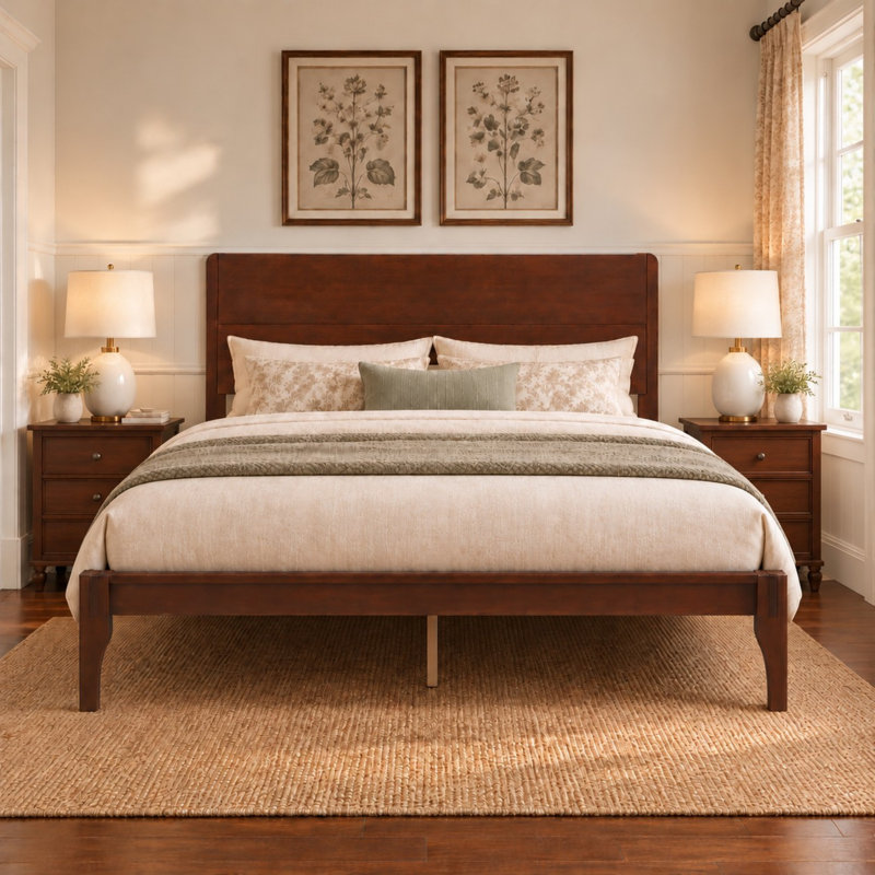 Bamboo Platform Bed with Headboard and Wood Slat Support, Chocolate