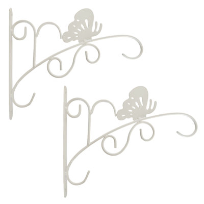 Gardenized Set Of 2 Pcs 11-inch Scroll Hanging Bracket With Butterfly Accent For Plants Lanterns Wind Chimes & Decor Items Suitable For Garden Porch Balcony Patio Entryway Fence Or Indoor Use, White