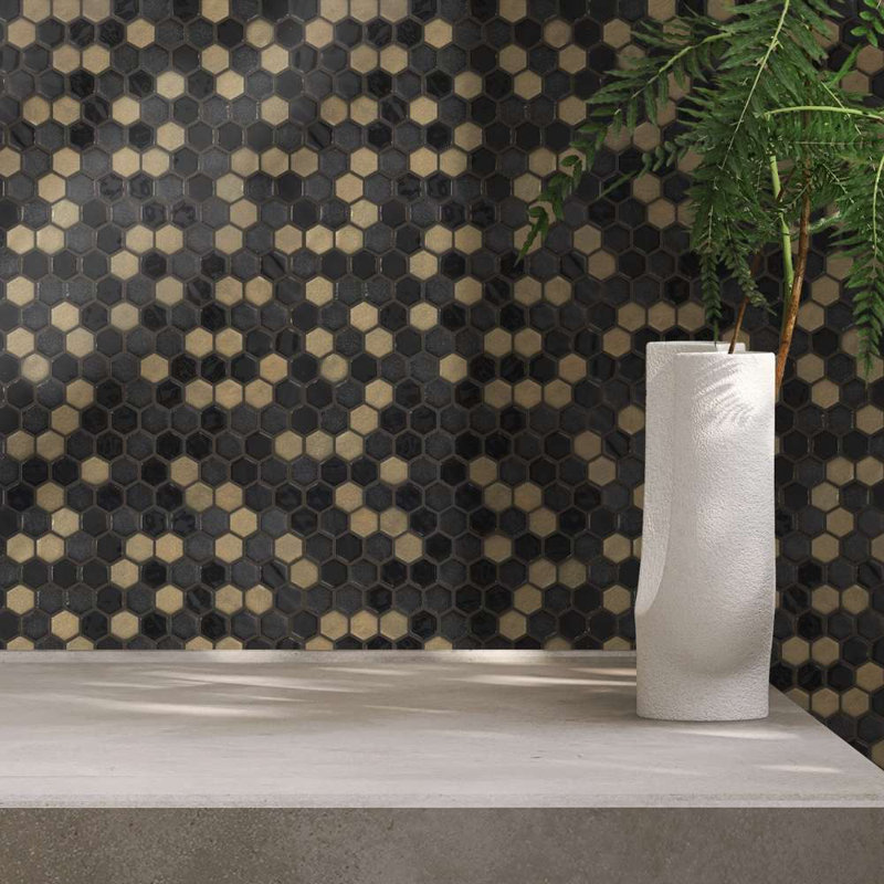 Eterna 1" x 1" Straight Edge Glass Mosaic Wall And Floor Tile, Black/Gold