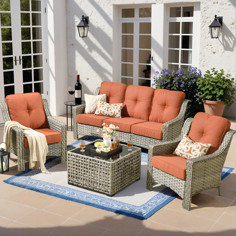 Harper 6 - Person Outdoor Seating Group With Cushions And Solar Powered Coffee Table, Bold Striped Orange Red