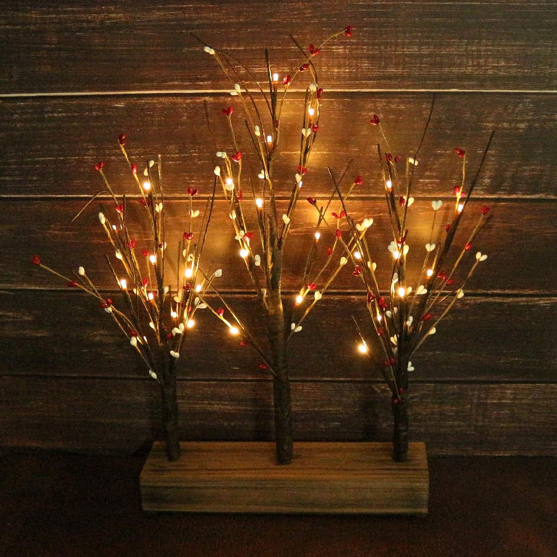 Battery Operated W/Timer Illuminated Pip Berry Tree Centerpiece Lighted Three Trees Tabletop LED Lights