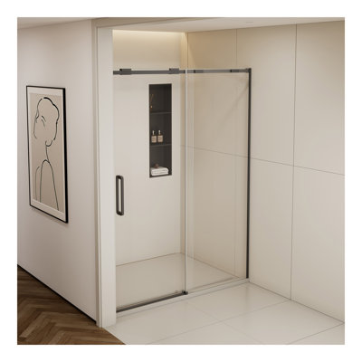 Porte de douche coulissante simple demi-cadre l 56 à 60 po x H 74 po, acier inoxydable 304, finition 5/16 po (8 mm) en verre trempé transparent de type C, avec poulie anti-déraillement de rail de guidage de type C