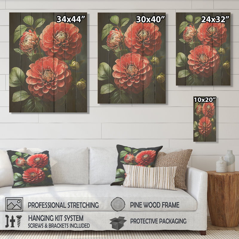 Fleurs rouges magnifiques Zinnias III - fleur sur bois, H 20 po x l 10 po