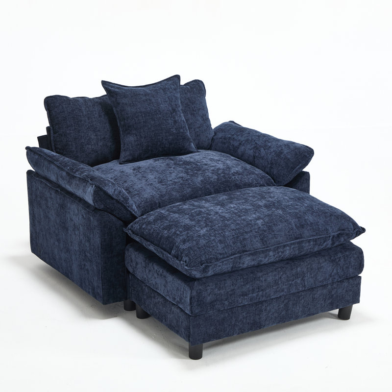 Fauteuil d'appoint rembourré en chenille 44,5 po avec repose-pieds 44,5 po, fauteuil de lecture pour chambre à coucher, chenille bleue