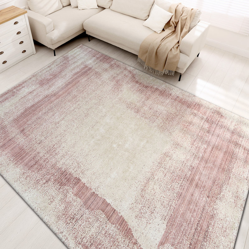 Hand Knotted Abstract Area Rug in Pink/Beige, Rectangle 10' x 14'