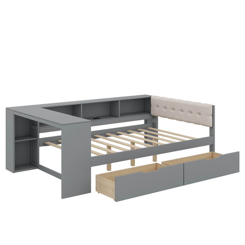 Lit plateforme avec tablettes de rangement, tiroirs, station de charge et tête de lit tapissier, Double, Gris