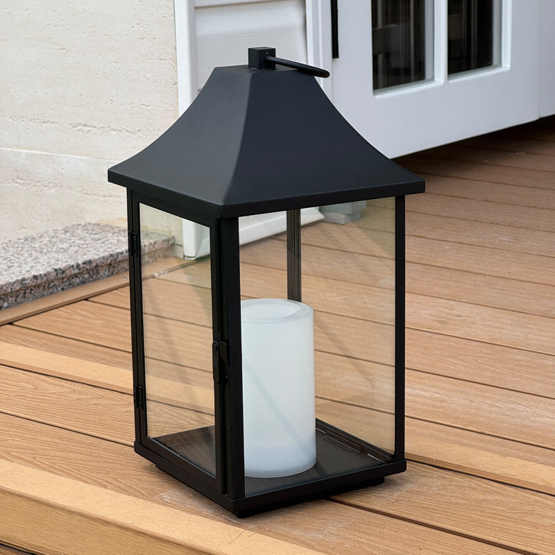 Lanterne solaire extérieure H14 pouces avec bougie à DEL scintillante Lanterne décorative en métal noir avec verre suspendu ou lanterne de table pour patio