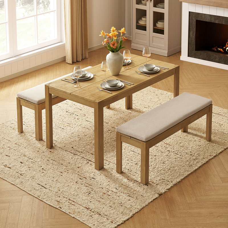 Logan Upholstered Beige Dining Bench Set Of 2, Modern Farmhouse Solid Wood 3 Piece 59" Dining Table Set For Dining Room Kitchen