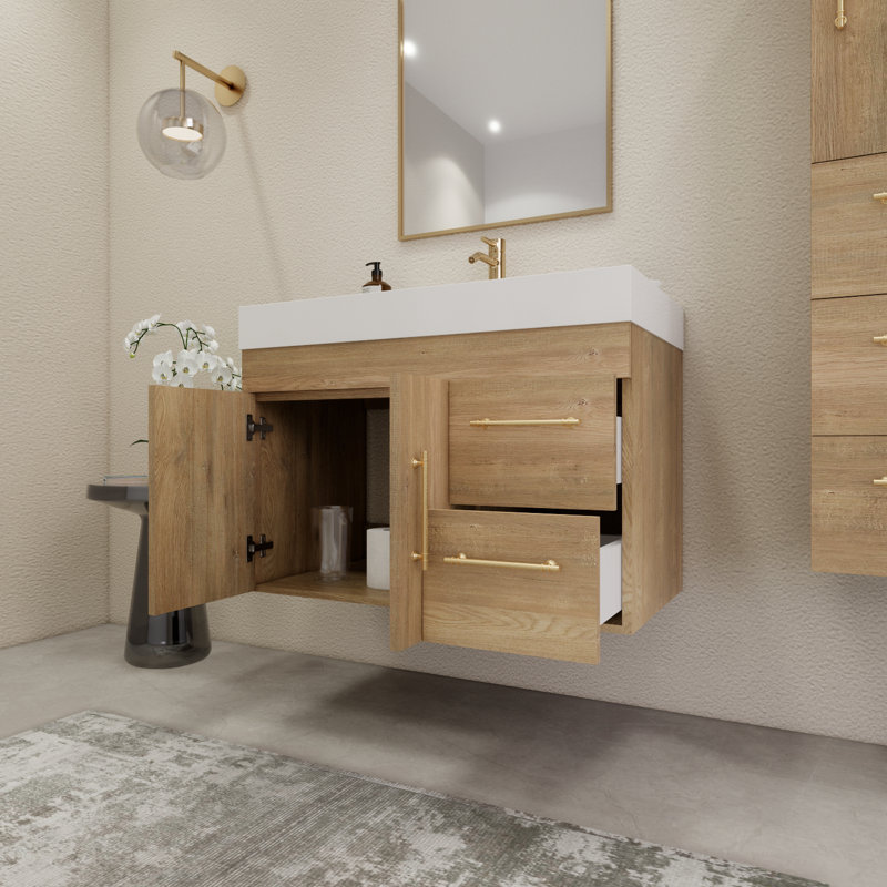 35.4" Wall-Mounted Single Bathroom Vanity Set, Oak
