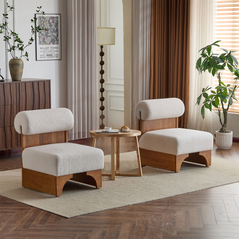 [Ensemble de 2] Méridienne moderne Boucle avec structure en bois massif et dossier roulé (sans la table), Beige