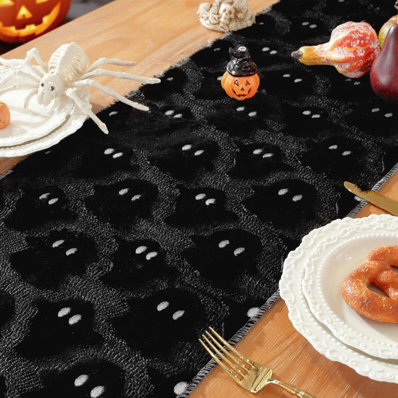 Halloween Ghost Table Runner 13×72 in, Soft Plush Table Cloth Spooky Fall Dining Kitchen Party Indoor Decoration (Black)