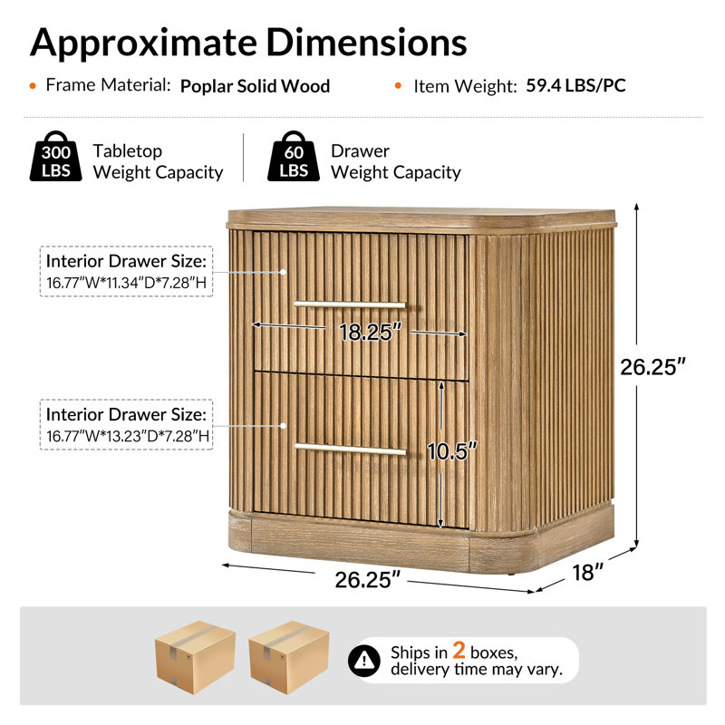 Table de chevet cannelée moderne à 2 tiroirs de 26 po Graciana, Naturel