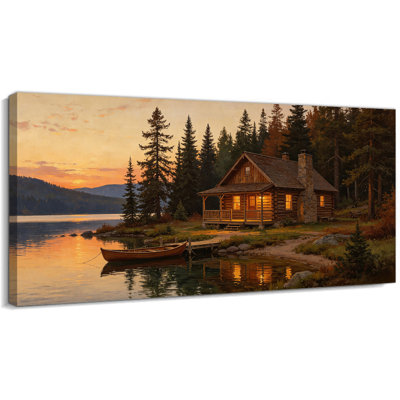 «Timuba Lake House», art mural sur toile, chalet rustique, peinture murale, décoration murale pour le salon ou la chambre à coucher, œuvres d'art tendues sur fond de tons chauds, prête à être accrochée