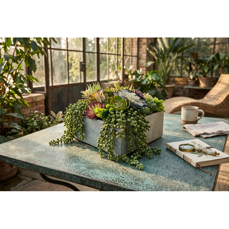 Arrangement de plantes grasses fabriquées à la main | Vase moderne en fibre de verre, décor texturé gris