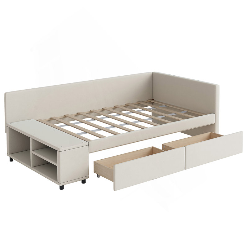 Lit plateforme simple tapissier en forme de L avec rangement et tiroirs, Beige