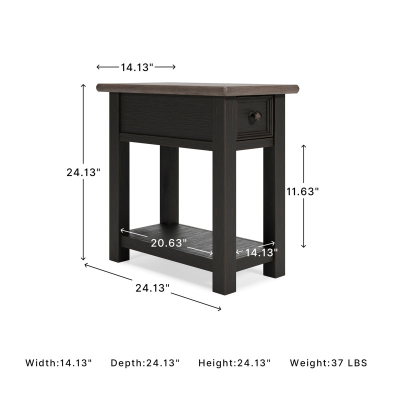 Table de bout Chailey avec rangement et prises intégrées, Brun grisâtre / noir, H 24 po x l 14 po x P 24 po