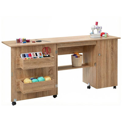 Folding 63x19 Craft Station Sewing Table with Magnetic Doors Shelves and Lockable Wheels