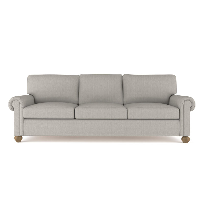 Leroy Rolled Panel-Arm Sofa with Bun Feet, 36" H x 96" W x 43" D, Box Weave Linen Silver Streak, Weathered
