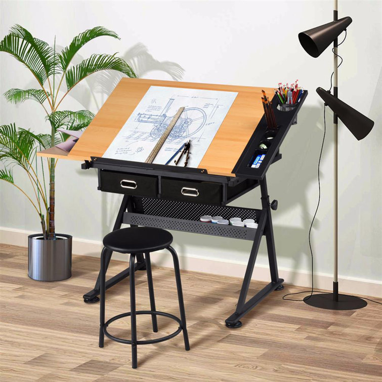 Glass Drafting Table Adjustable Desk, Tilting Drawing Table w/ Stool 2  Drawers