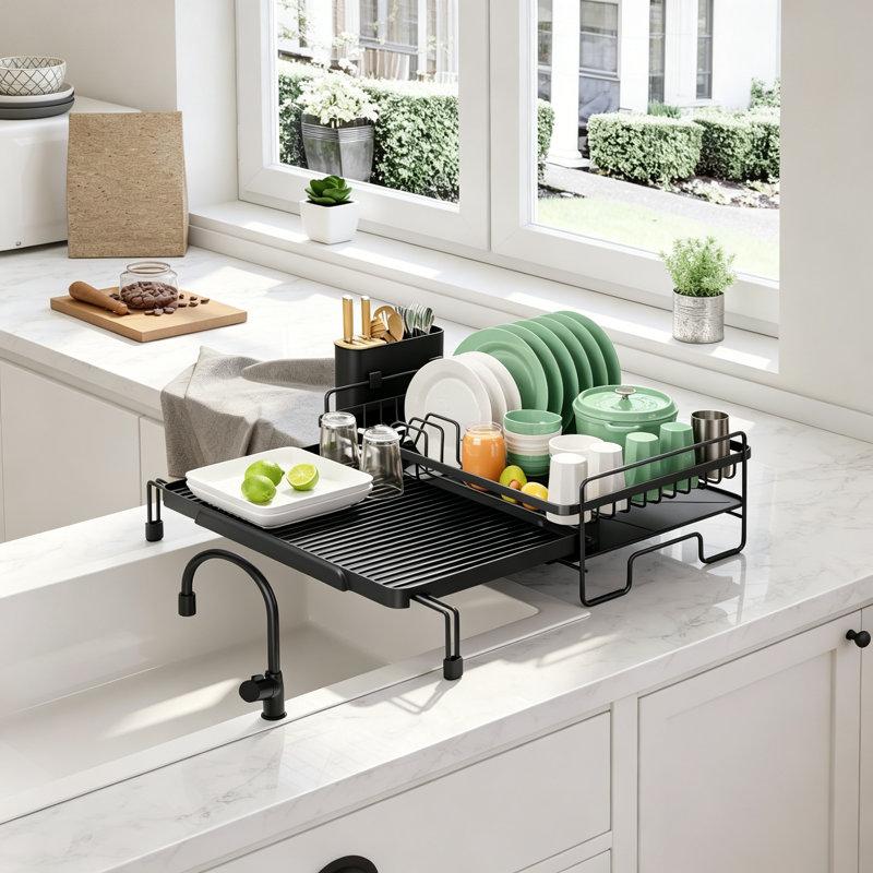 Extendable Dish Drying Rack, Auto Draining Dish Rack For Kitchen Counter