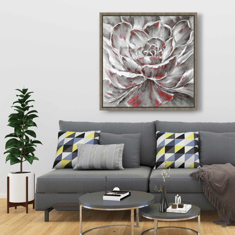 Gris et fleur rose - décor de toile contemporaine encadrée rose