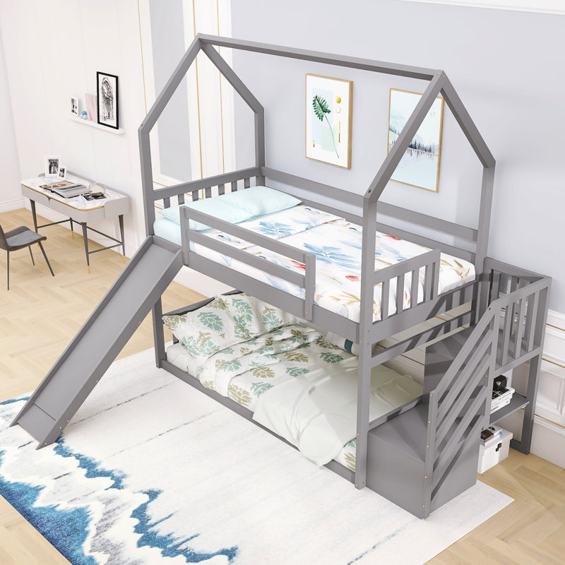 Twin Over Twin Bunk Bed With Slide And Staircase, Gray