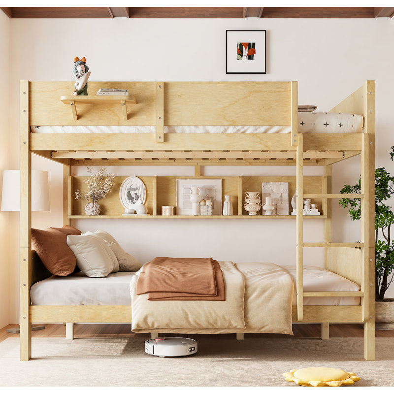 Lit superposé grand sur grand avec plateau pratique, lit superposé en bois massif avec tablettes de rangement et lattes améliorées, naturel clair