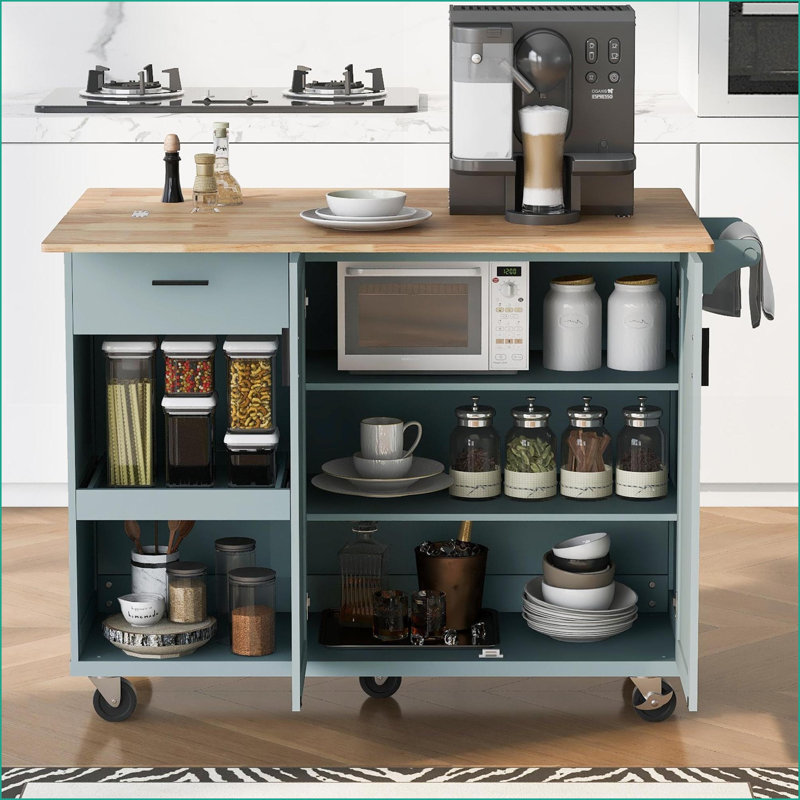 Latitude Run® Kitchen Island with Foldable Countertop, Storage & Wheels ...
