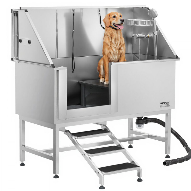 Baignoire de toilettage pour chien en acier inoxydable avec filtre à eau pour escalier à gauche