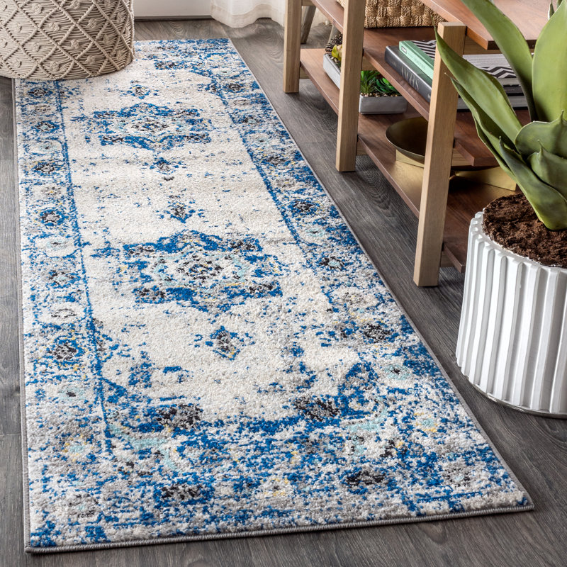 Tapis ivoire / bleu Lathem, Tapis de couloir 2 pi 3 po x 8 pi