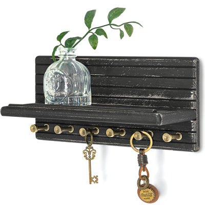 Porte-clés mural en bois de pin, porte-clés décoratif pour mur avec 6 crochets (Old Black)