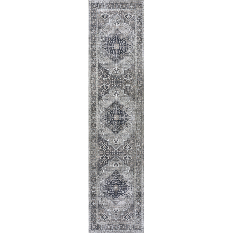Alacati Ogee Medallion Machine-Washable Dark Gray/Light Gray Rug, Runner 2' x 8'